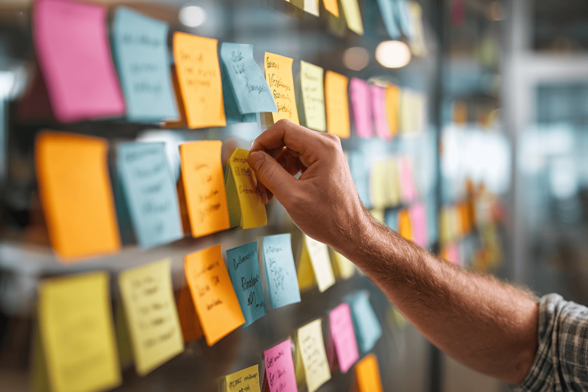 Hand bewegt Karte auf einem Kanban-Board zwischen Workflow-Spalten