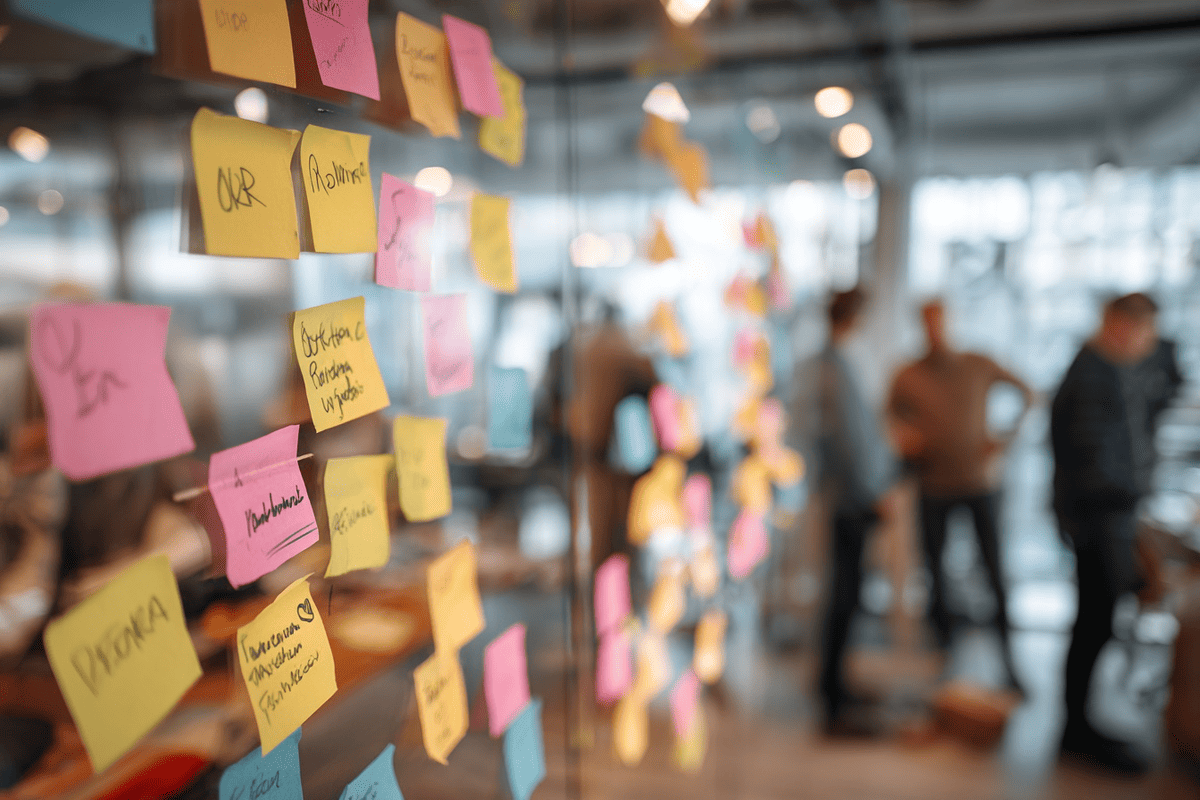 OKR-Board mit farbigen Post-its für Objectives und Key Results