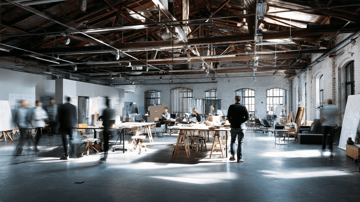 Moderner Workshop-Raum mit natürlichem Licht und kreativer Arbeitsatmosphäre